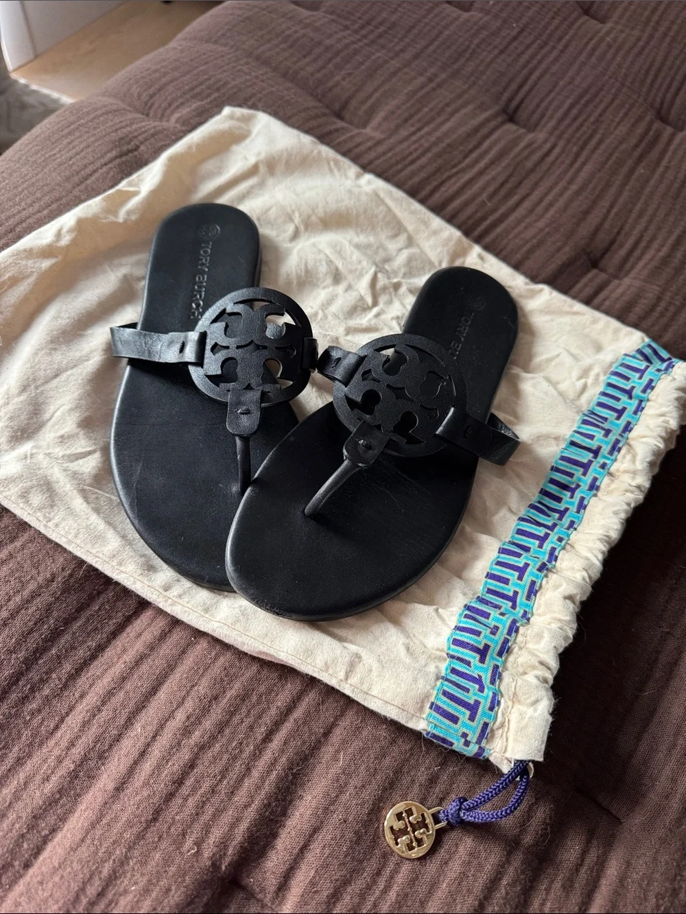 Tory Burch Matte Black Leather Miller Logo Sandals